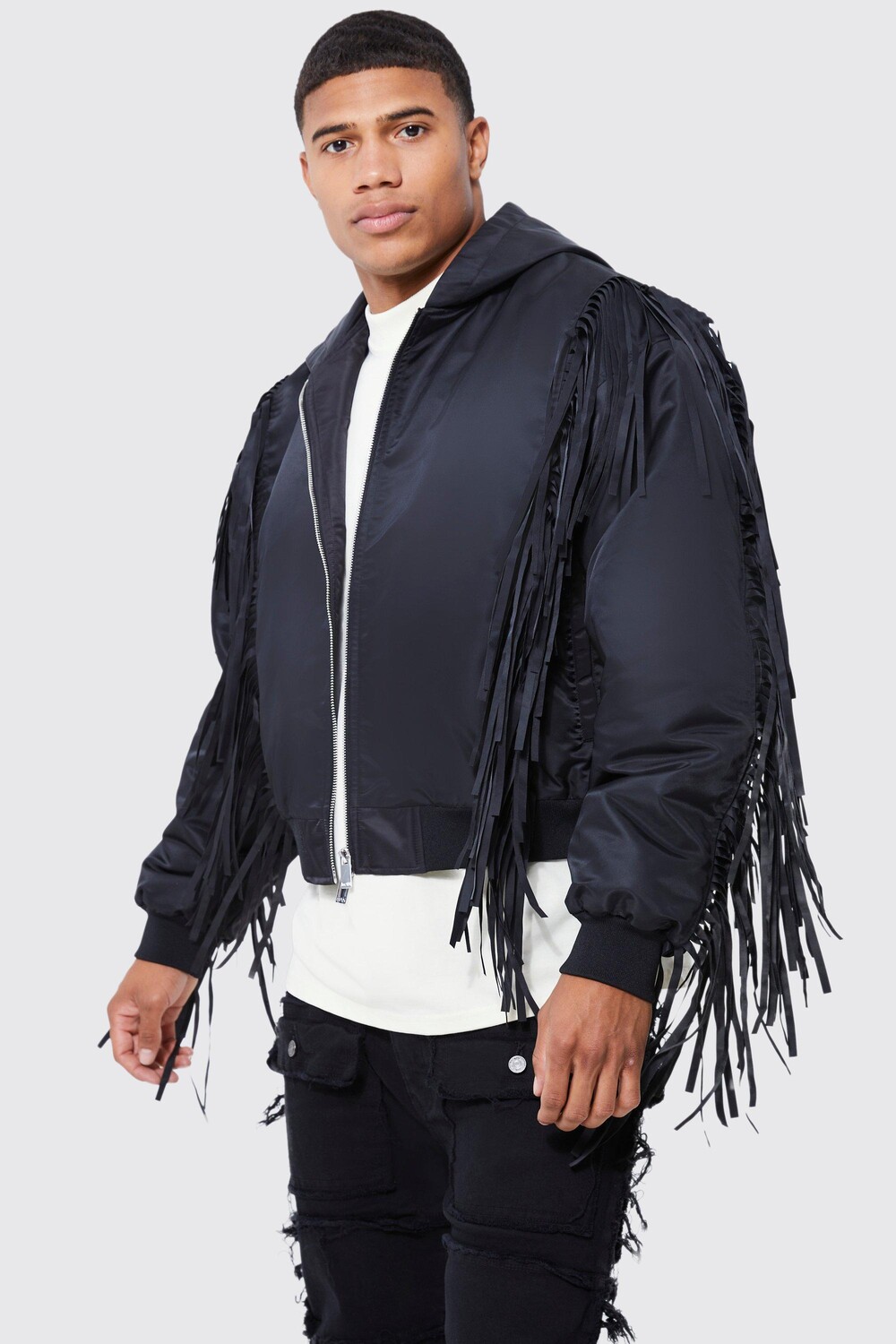 

Нейлоновый бомбер с бахромой Boohoo, черный