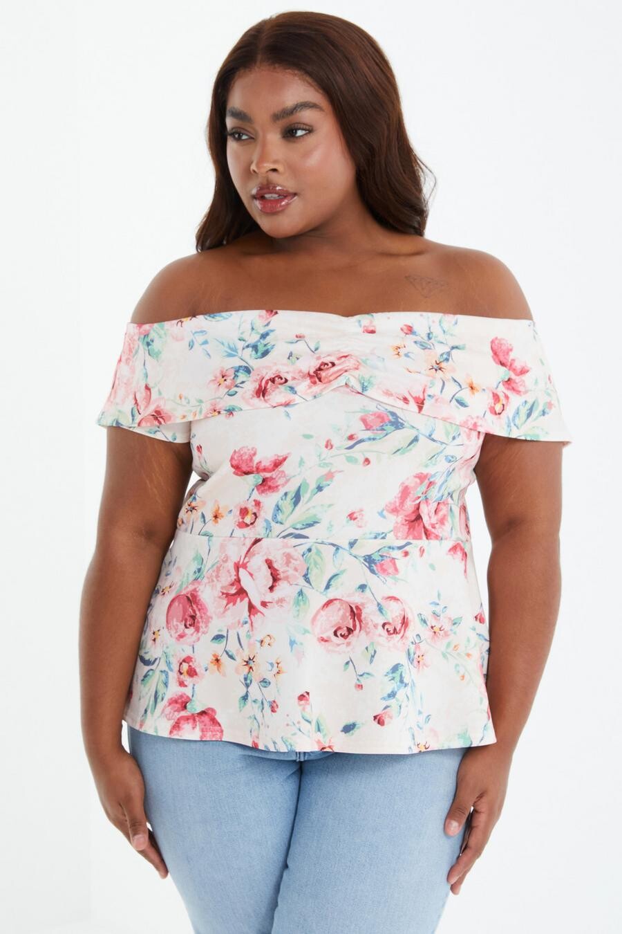 

Розовый топ с цветочным принтом Curve Peplum QUIZ Clothing