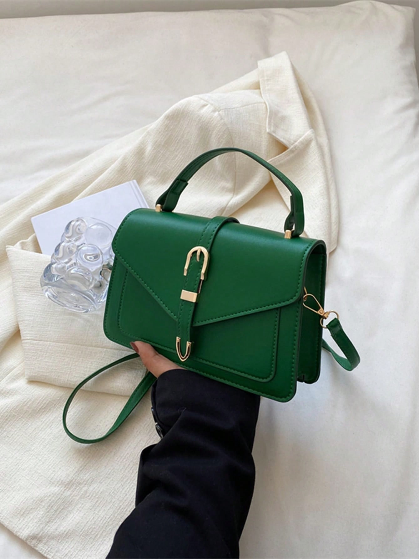 Легкая деловая повседневная квадратная сумка с пряжкой и декором с клапаном для девочек-подростков, зеленый