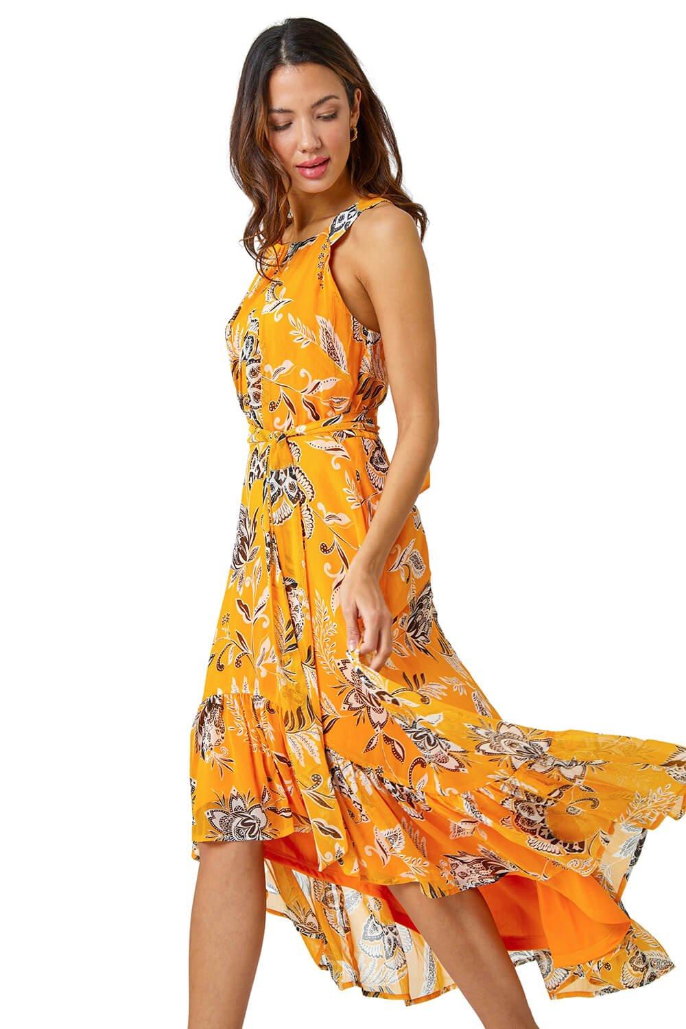 Платье миди без рукавов с цветочным принтом и вырезом через шею Roman, желтый шифоновое платье миди с цветочным принтом длинным рукавом и оборками