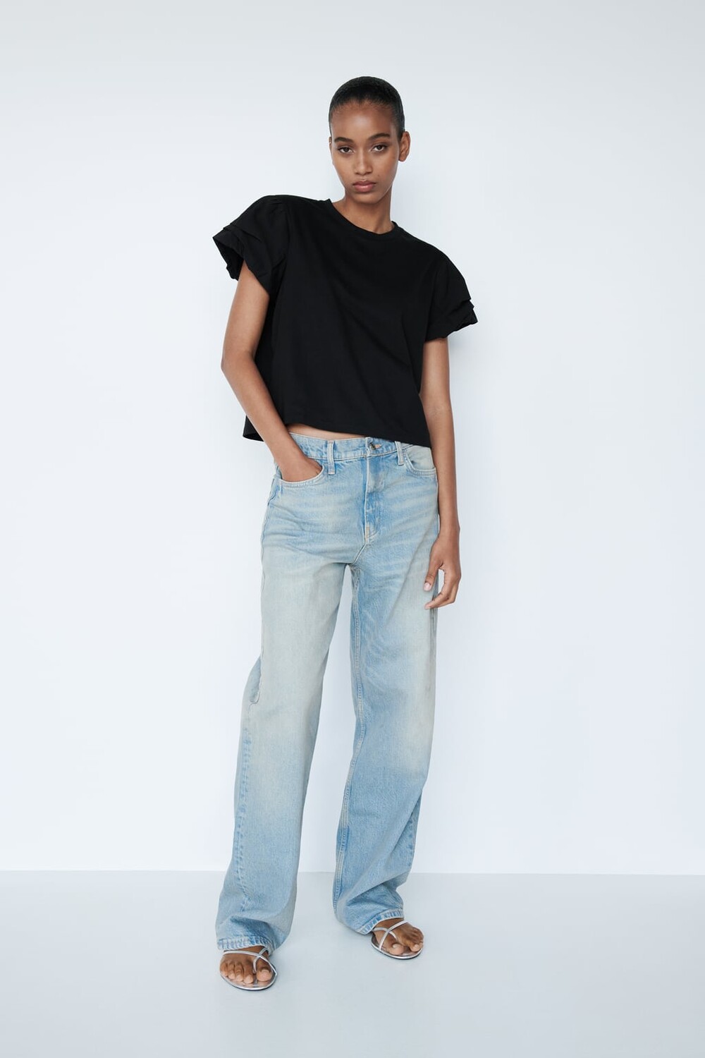 

Футболка с рукавами поплин ZARA, черный