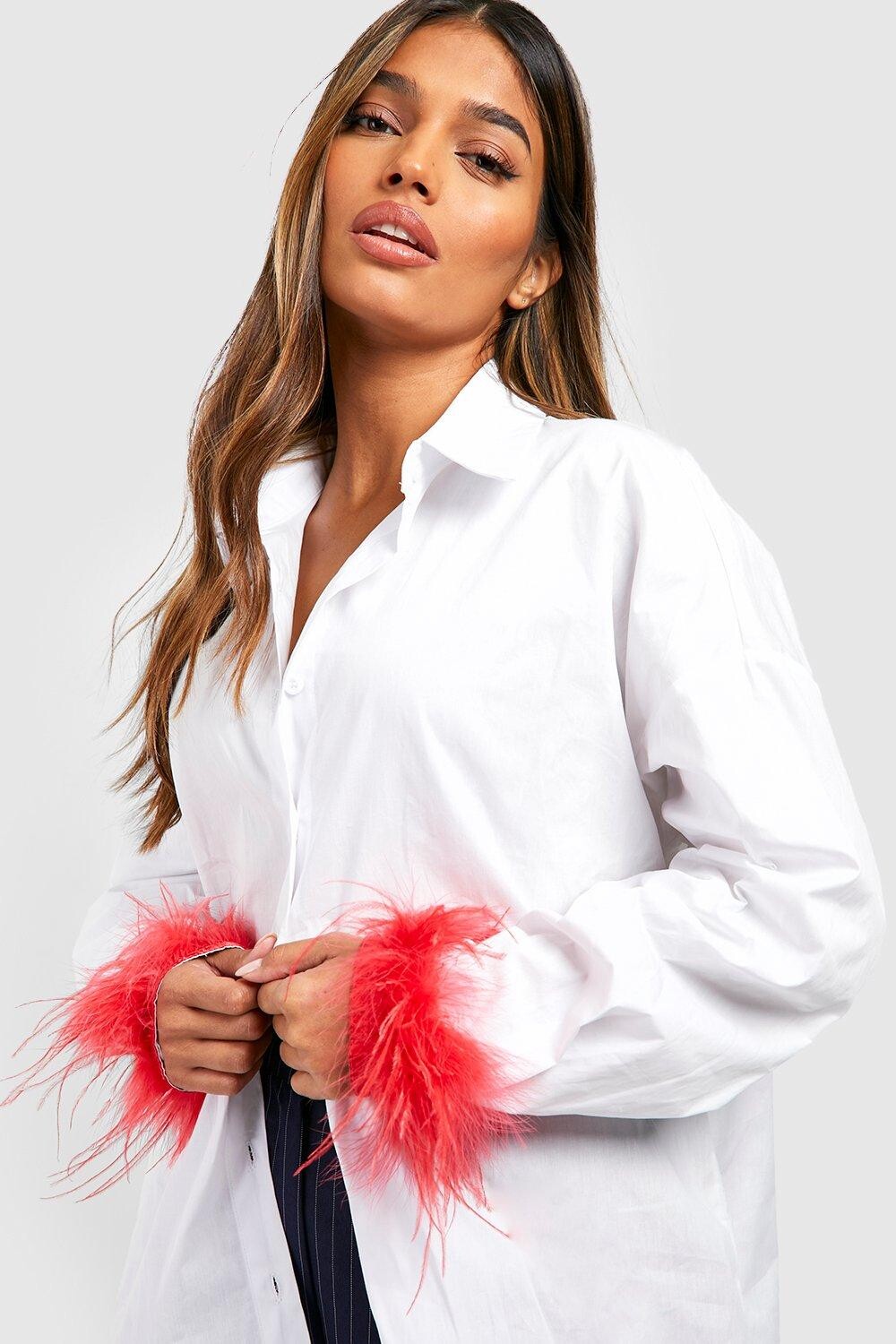

Рубашка оверсайз из хлопкового поплина с перьями на манжетах Boohoo, красный