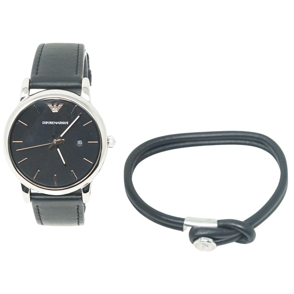 цена Часы с черным кожаным ремешком Emporio Armani, серебро