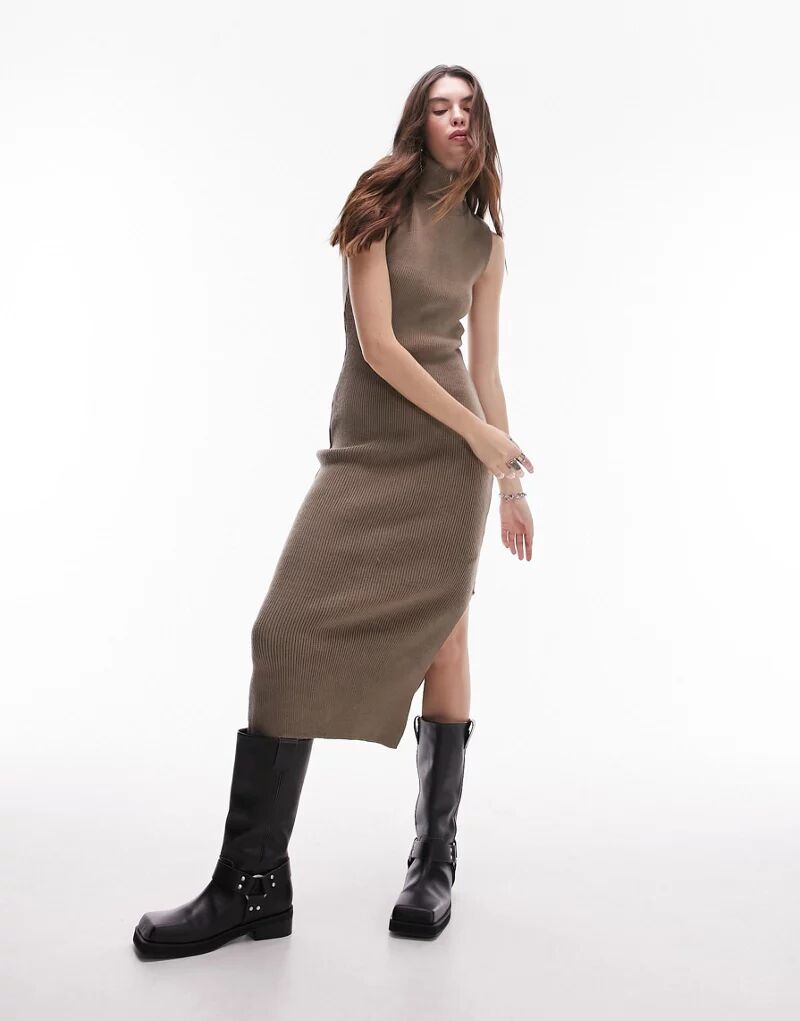 Светло-коричневое трикотажное платье миди без рукавов с высоким воротником Topshop