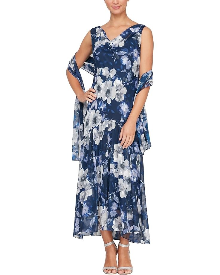 

Платье Alex Evenings Tea Length Chiffon Printed Burnout, нави