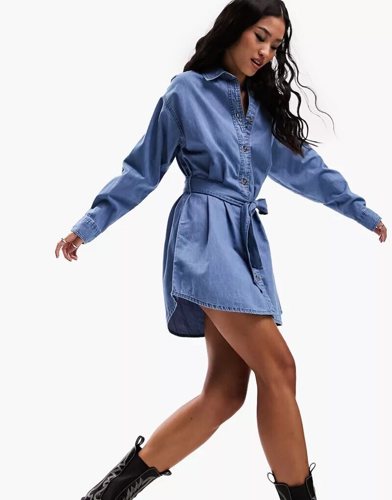 

Джинсовое платье мини с поясом ASOS средней стирки