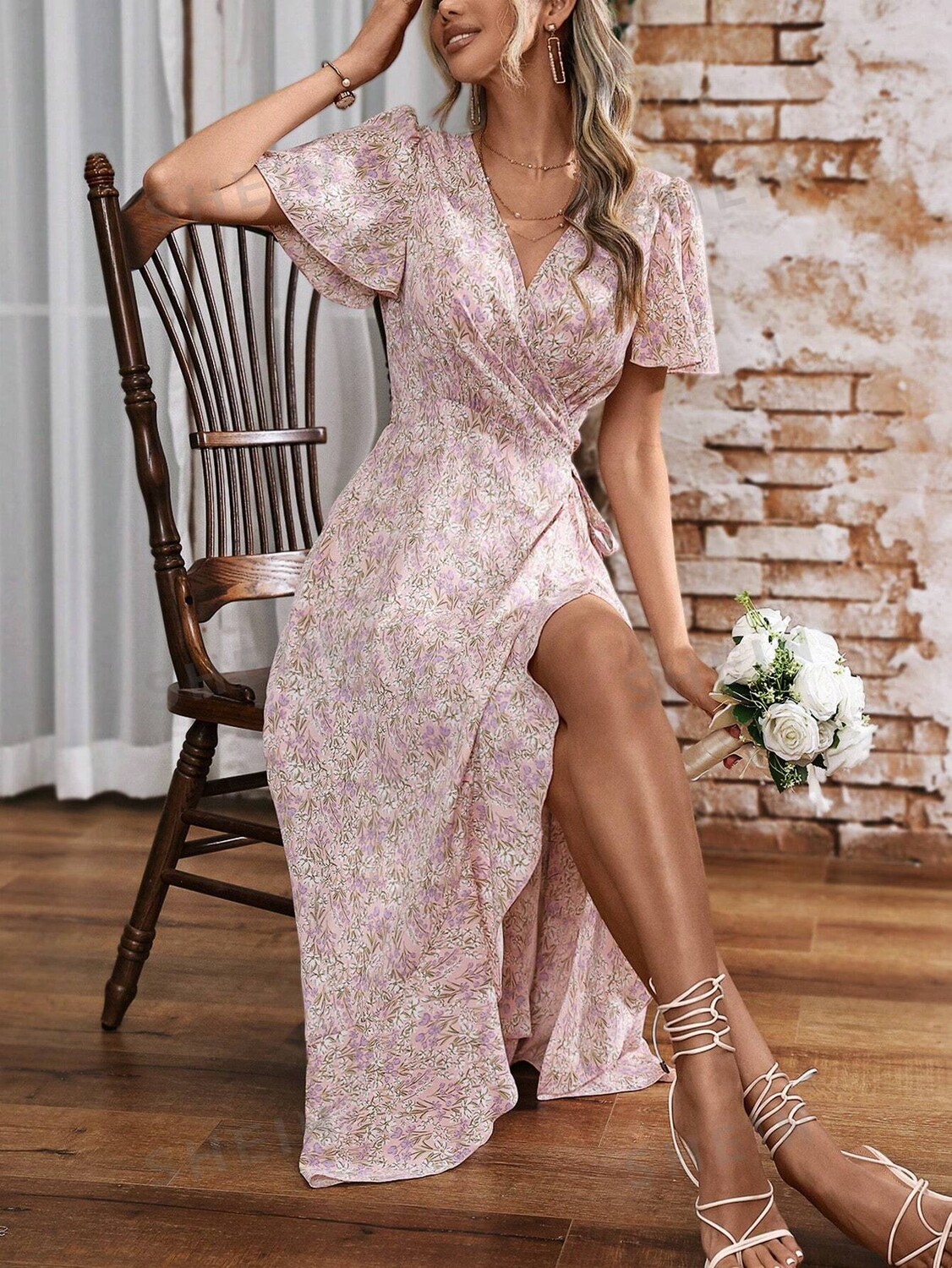 

SHEIN Frenchy модное женское платье макси с цветочным принтом и завязками на талии, детский розовый