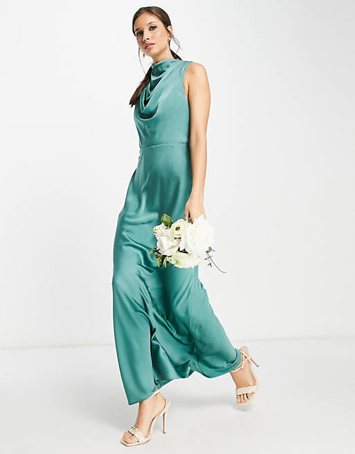 

Бирюзовое атласное платье макси с воротником-хомутом и завязками ASOS DESIGN Bridesmaid, Зеленый
