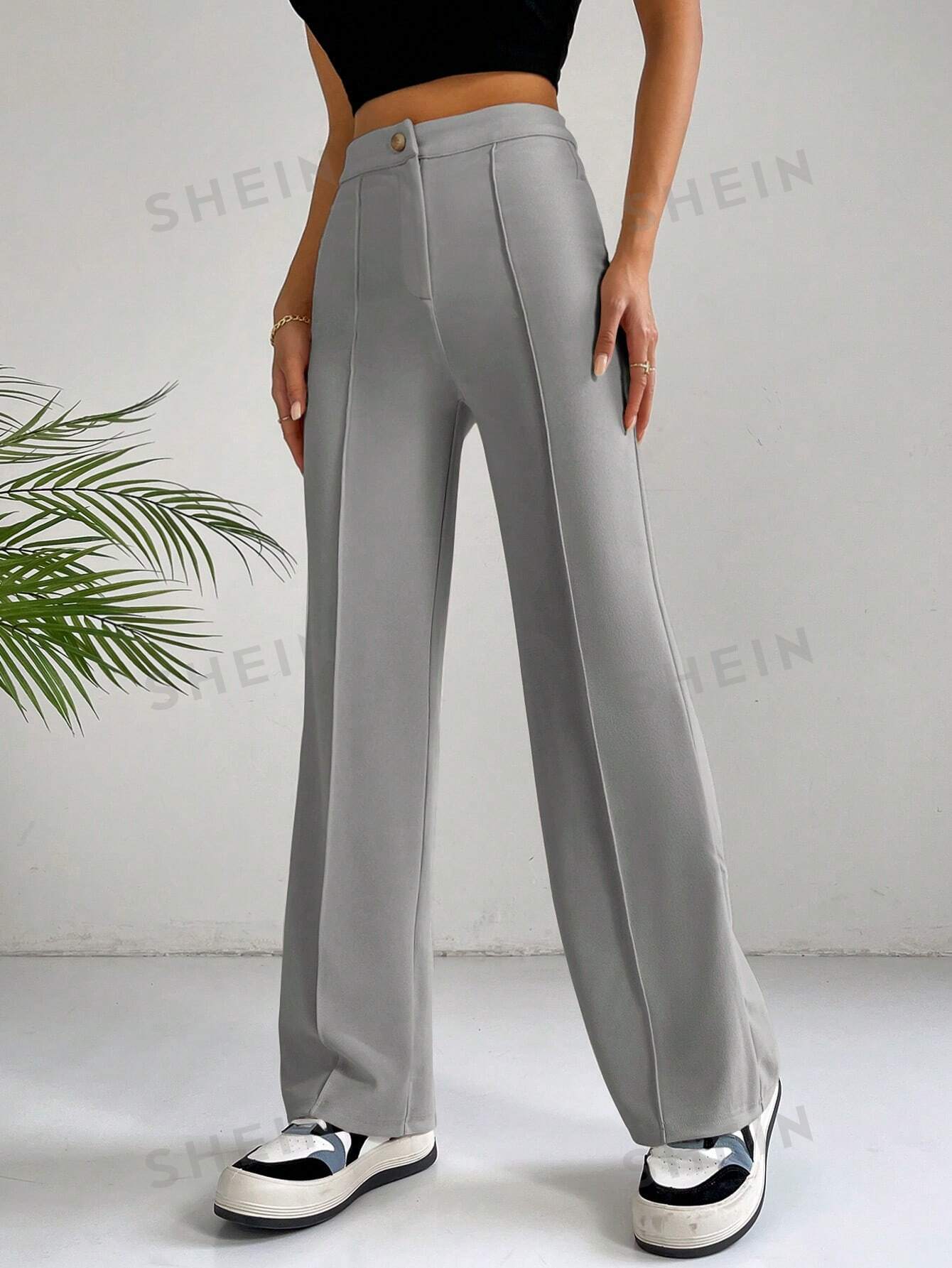 цена SHEIN EZwear Однотонные широкие брюки для повседневной, серый