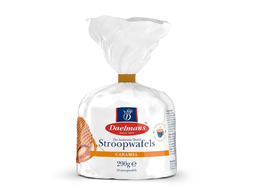 

Daelmans Caramel Stroopwafels - Коробка из 8 пакетов - 290 грамм в пакете с клипсой - 10 карамельных Stroopwafels в пакете с клипсой (80 печений) Daelmans