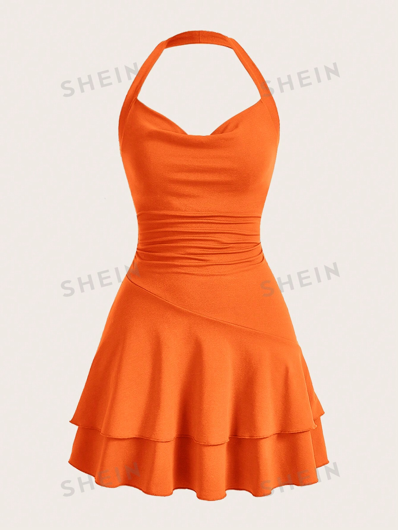 SHEIN MOD однотонное женское платье с бретелькой на шее и многослойным подолом, апельсин платье пуэнтер с рюшами oasis бежевый