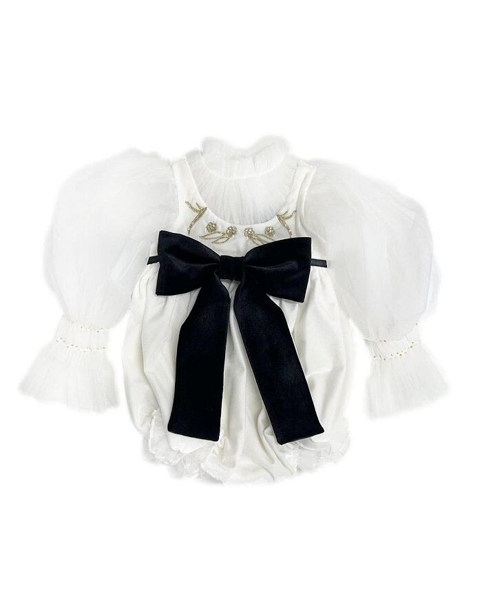 

Велюровый комбинезон цвета слоновой кости Petite Maison Kids для девочек Aurora с рукавами-буфами из тюля – Baby, Little Kid, слоновая кость/кремовый