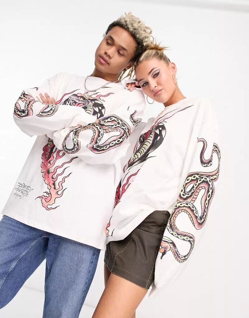 

Рубашка унисекс с длинными рукавами Ed Hardy цвета экрю с графическим принтом