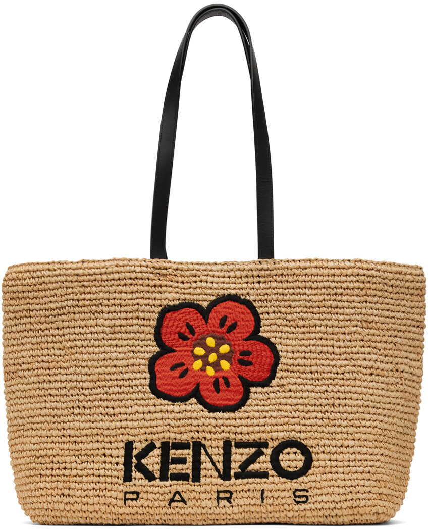 

Большая объемная сумка-тоут из рафии бежевого цвета Paris Kenzo
