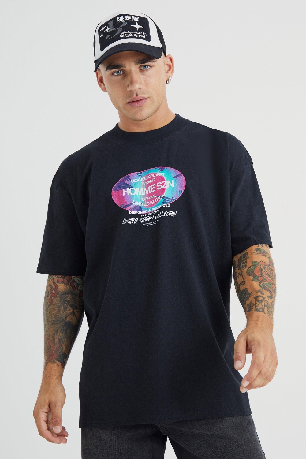 

Футболка оверсайз boxy homme szn с принтом Boohoo, черный