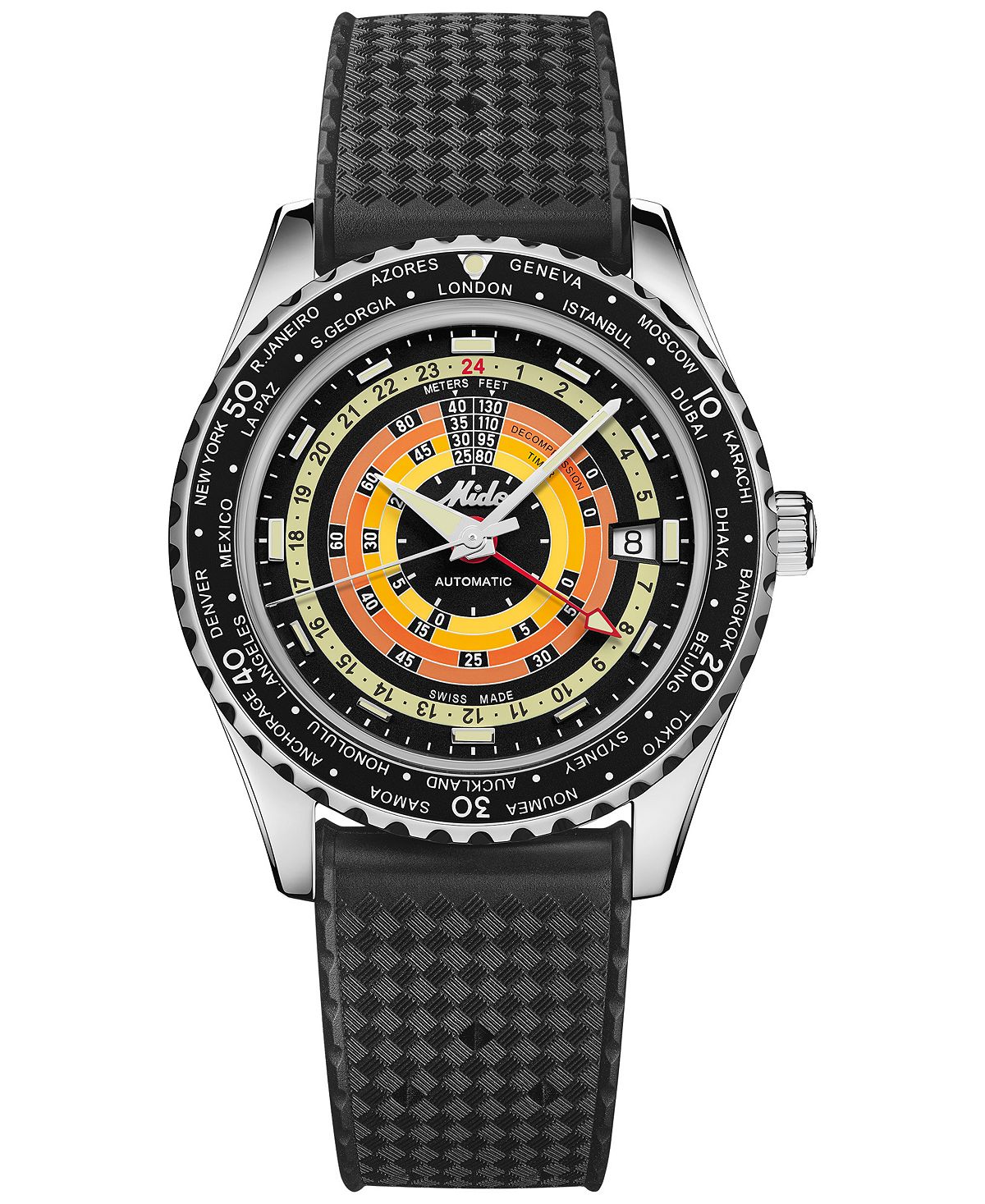 цена Часы унисекс, швейцарские автоматические часы Ocean Star с декомпрессией, мировое время, черный каучуковый ремешок, 41 мм Mido, черный
