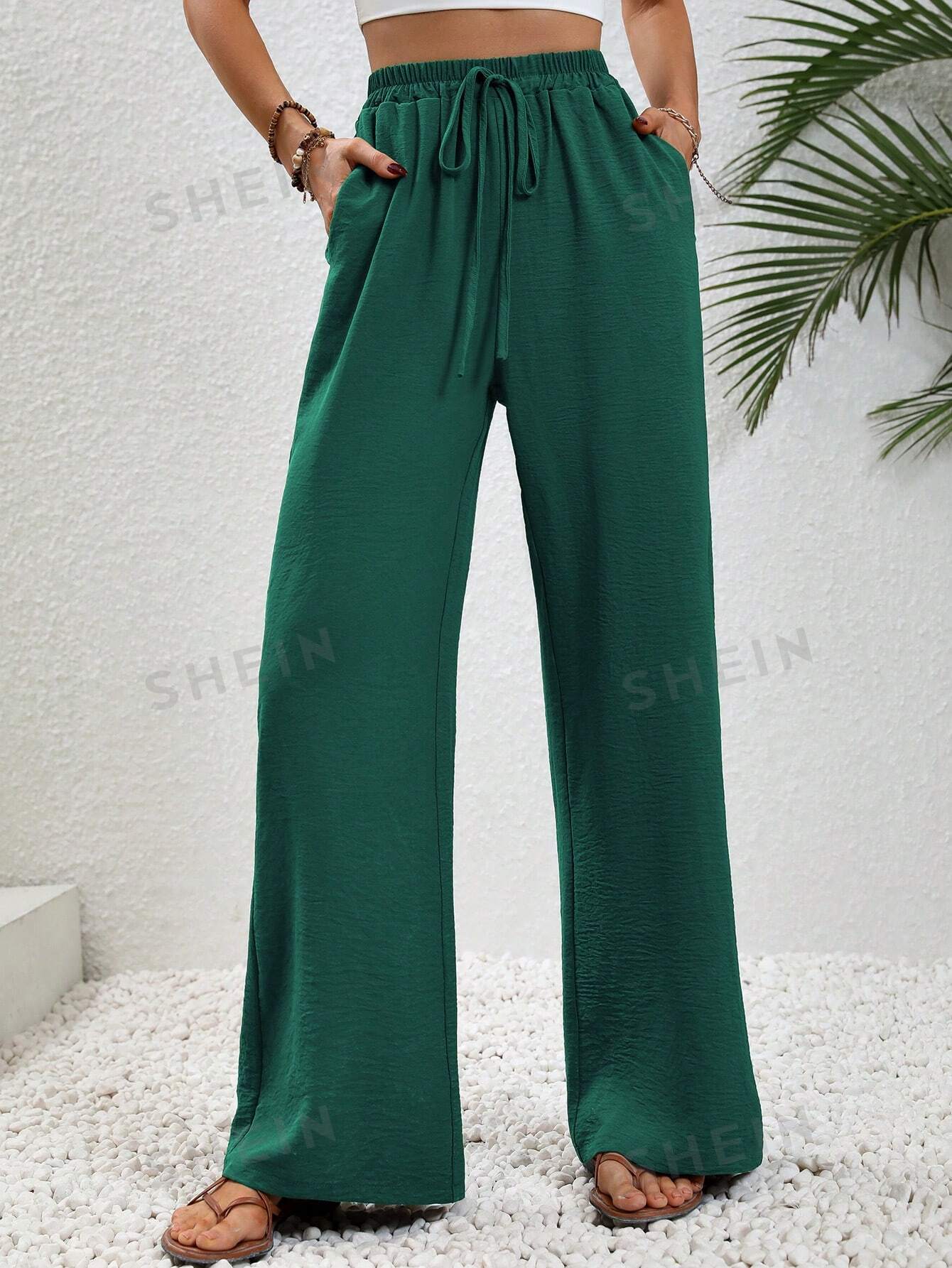 SHEIN LUNE женские однотонные длинные брюки с завышенной талией и завязками на талии и карманами, темно-зеленый