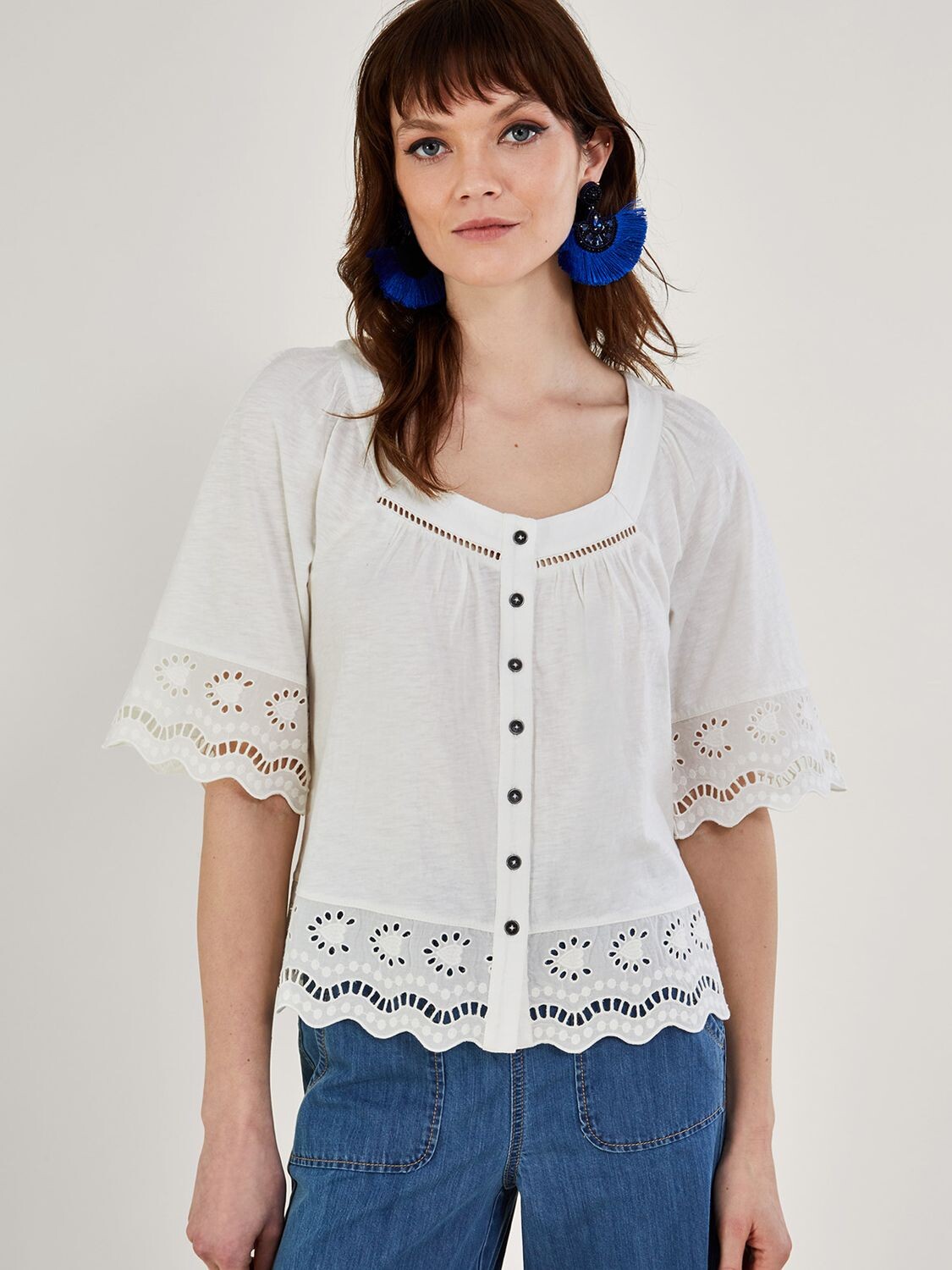 

Хлопковая блузка с отделкой Monsoon Broderie, цвет слоновой кости