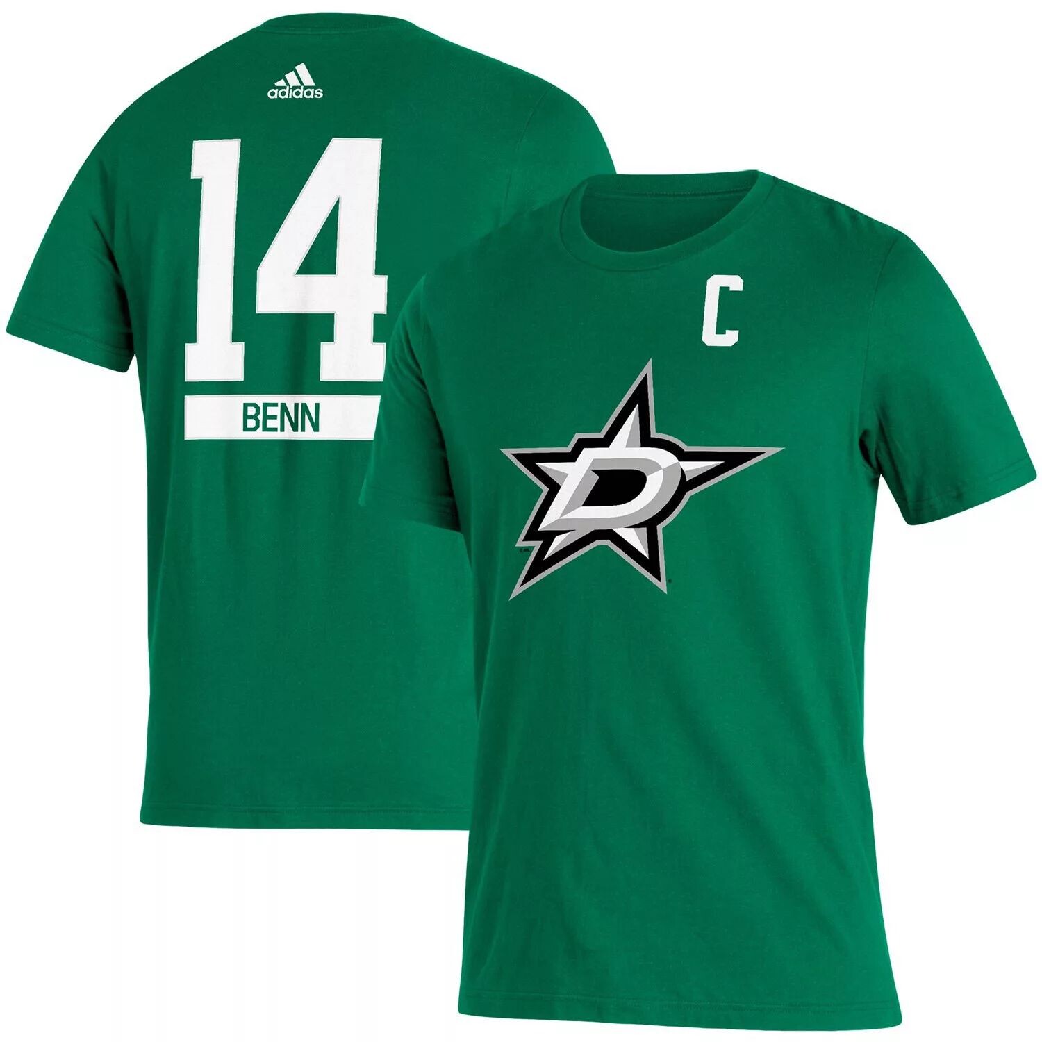 

Мужская футболка adidas Jamie Benn Kelly Green Dallas Stars Captain с нашивкой с именем и номером
