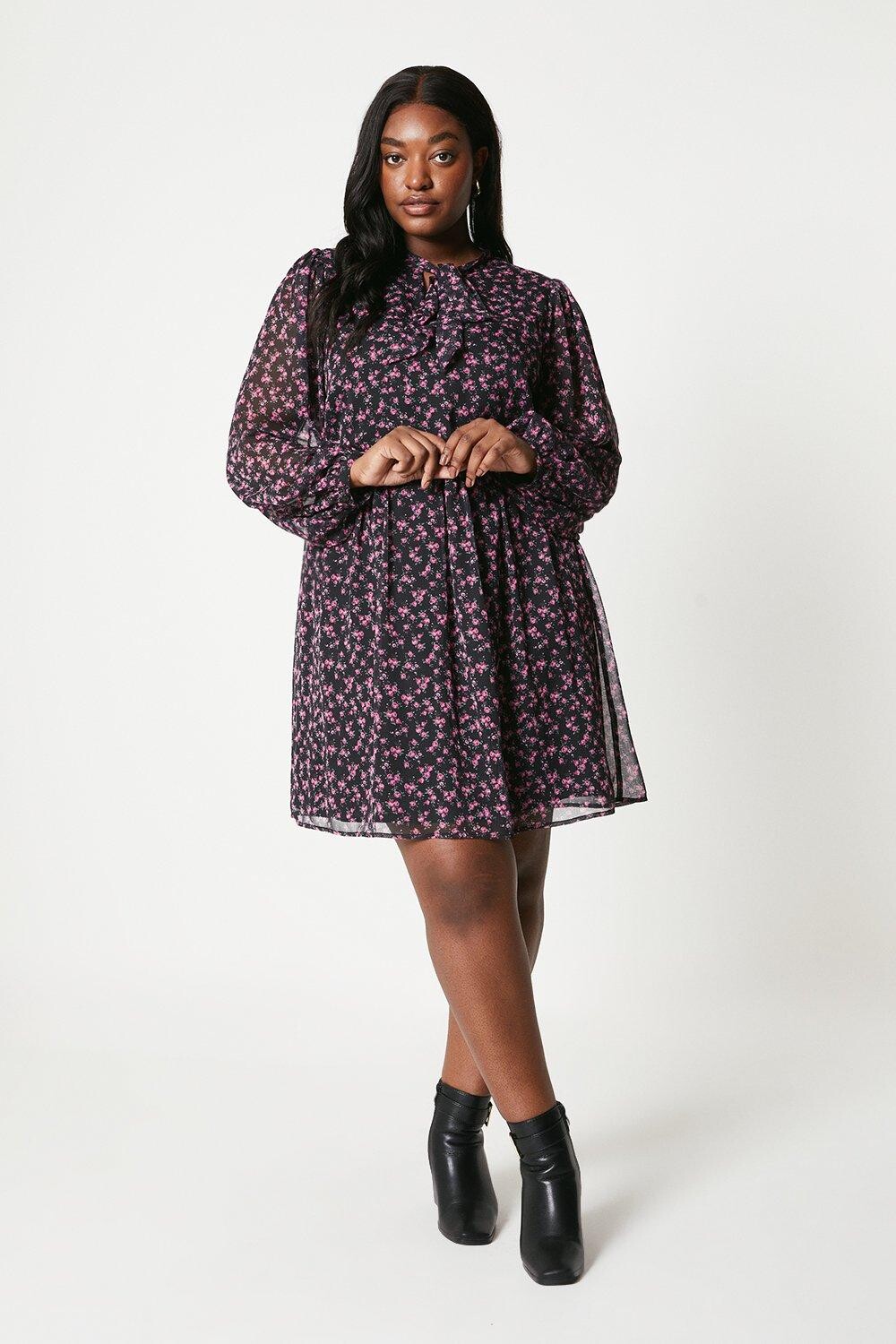 

Шифоновое мини-платье Curve Pussybow с длинными рукавами Dorothy Perkins, розовый
