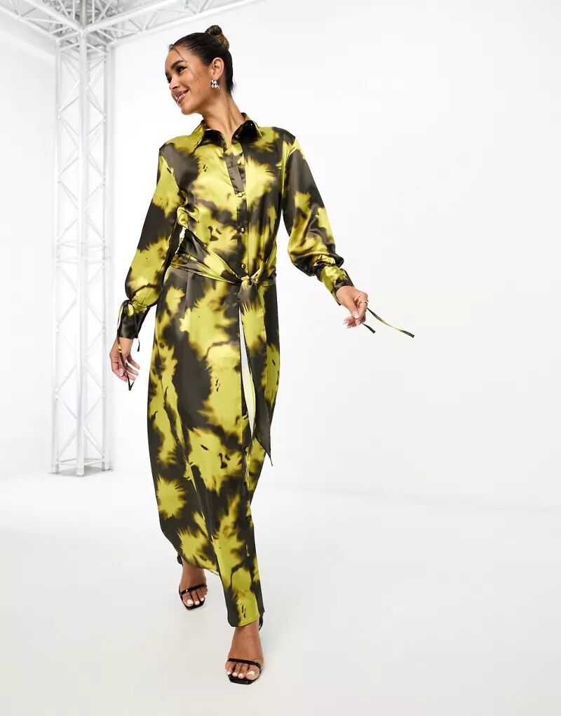 Коричнево-лаймовое платье-рубашка с поясом и манжетами ASOS 2020 summer women tracksuit hot style model tie dye print long sleeves crop top