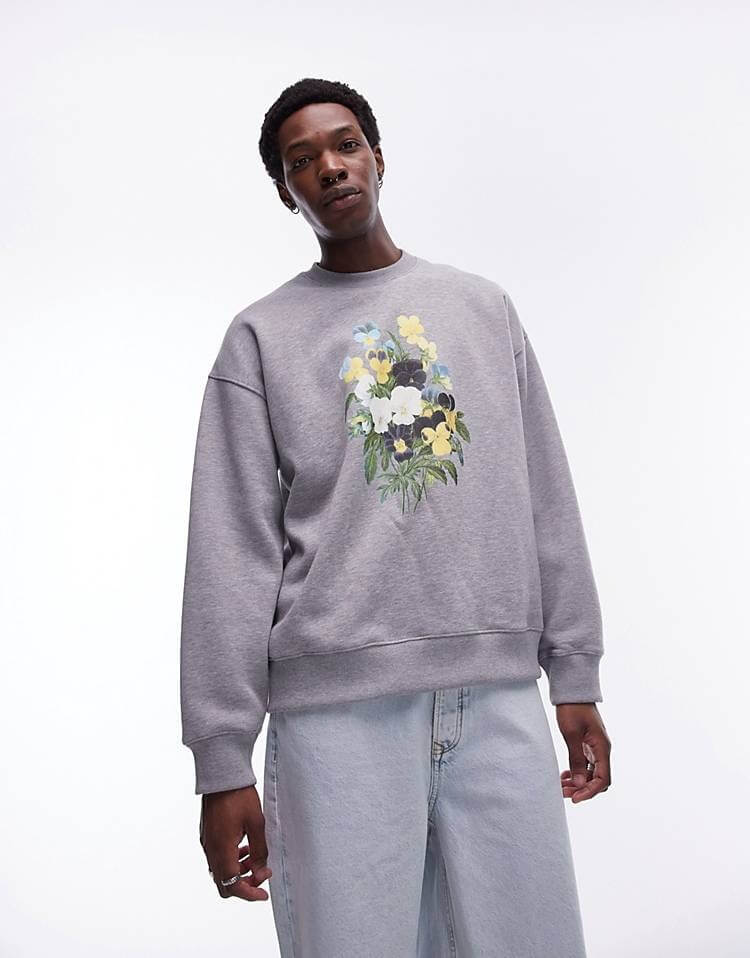 Свитшот Topman Oversize With Embroidered Floral Pattern, серый