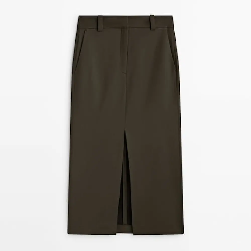 

Юбка с разрезом спереди Massimo Dutti, хаки