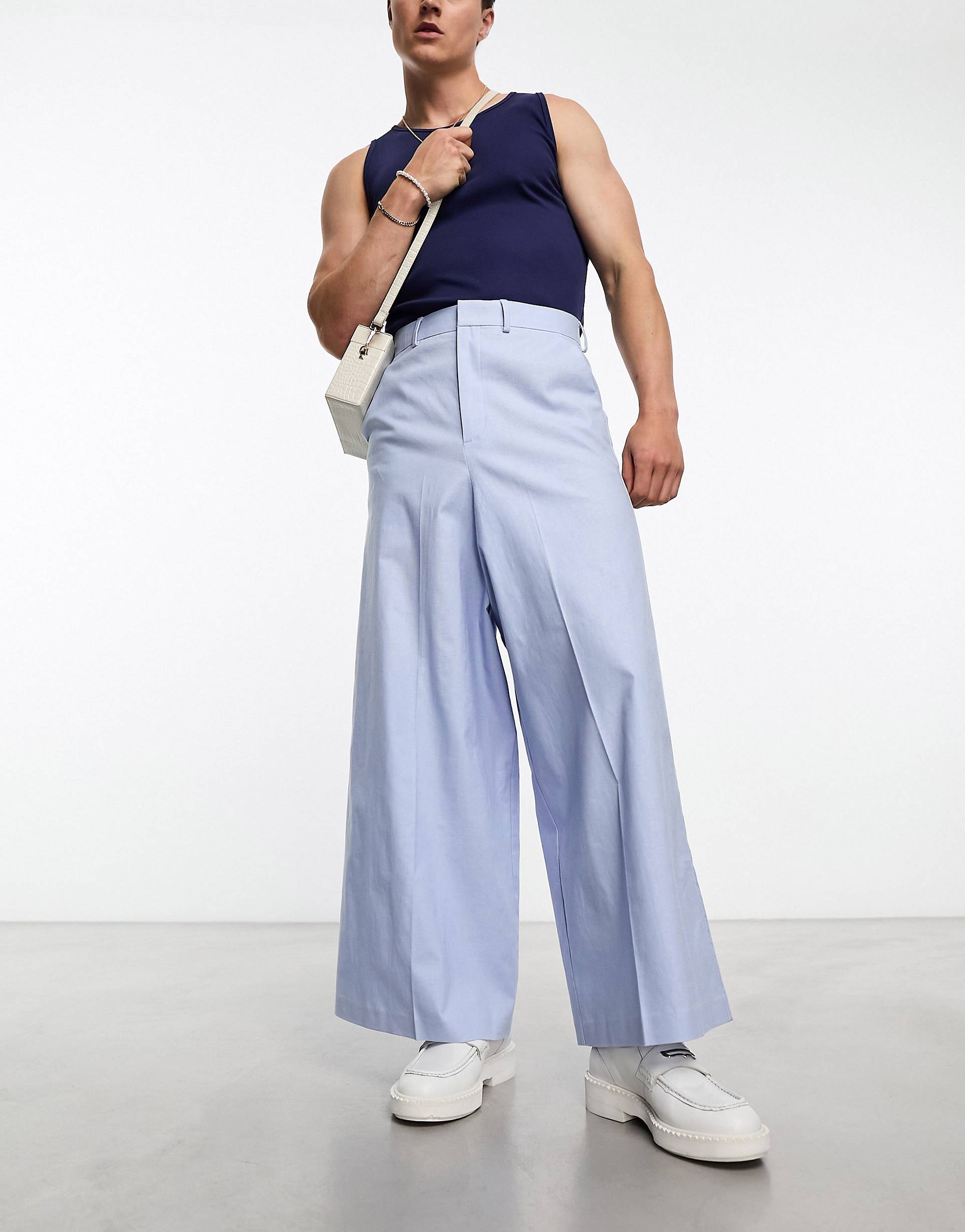 цена Брюки Asos Design Extreme Wide Linen Mix Suit, голубой