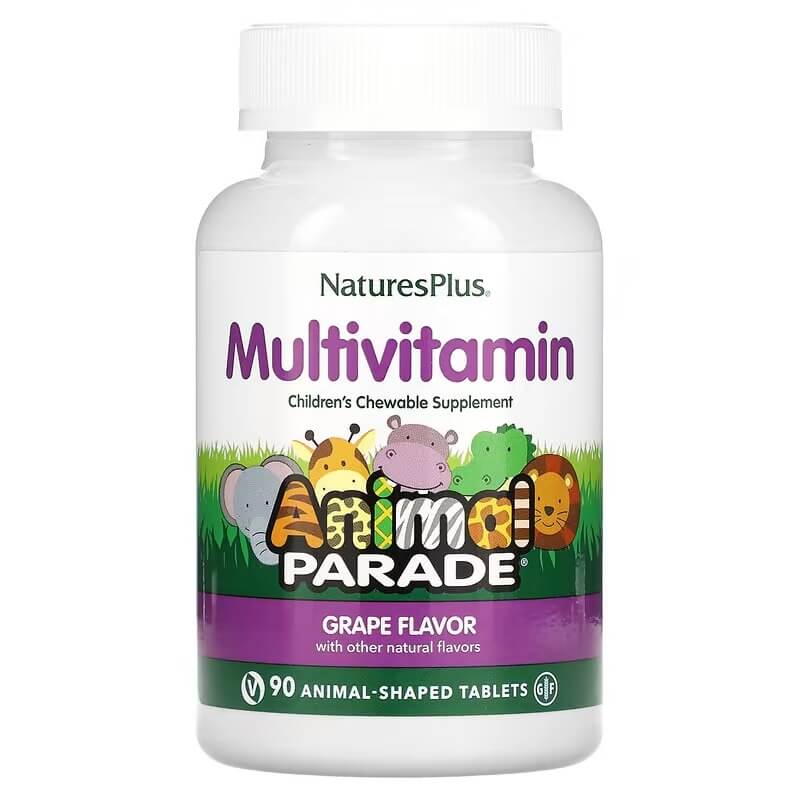 цена Мультивитамины для детей NaturesPlus Animal Parade Gold со вкусом винограда, 90 таблеток в форме животных