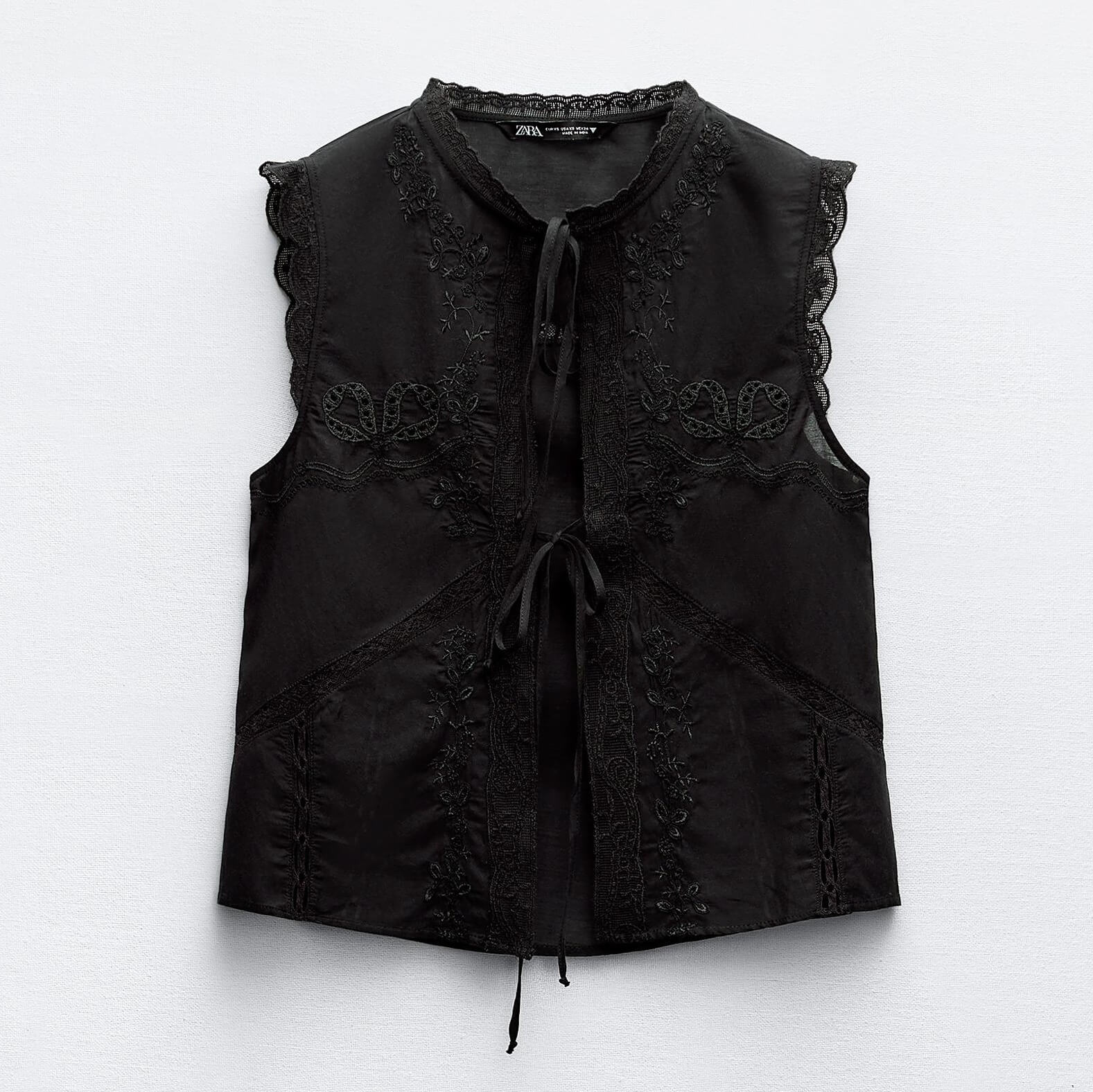 Топ Zara Embroidered With Ties, черный