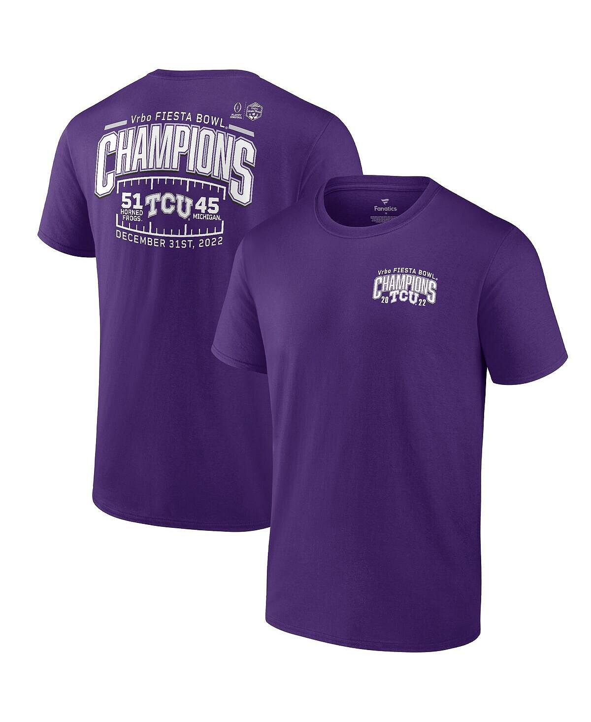 

Мужская фирменная фиолетовая футболка tcu horned frogs college football playoff 2022 fiesta bowl champions score Fanatics, фиолетовый