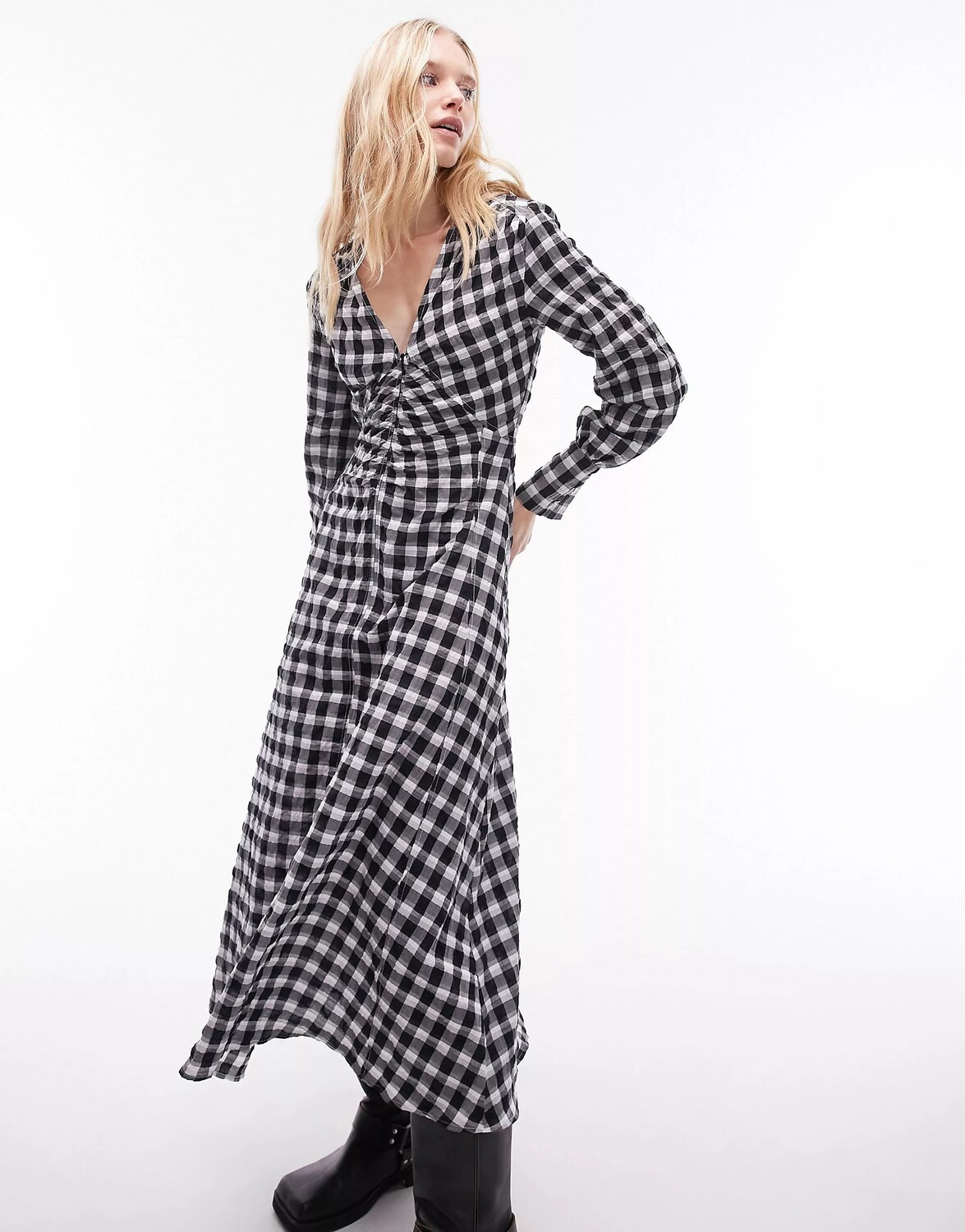

Платье Topshop Zip Front Textured Check Midi, черный, белый