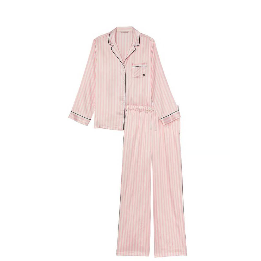 Комплект пижамный Victoria's Secret Satin Long, 2 предмета, розовый/бежевый пижама victoria s secret satin long ярко розовый