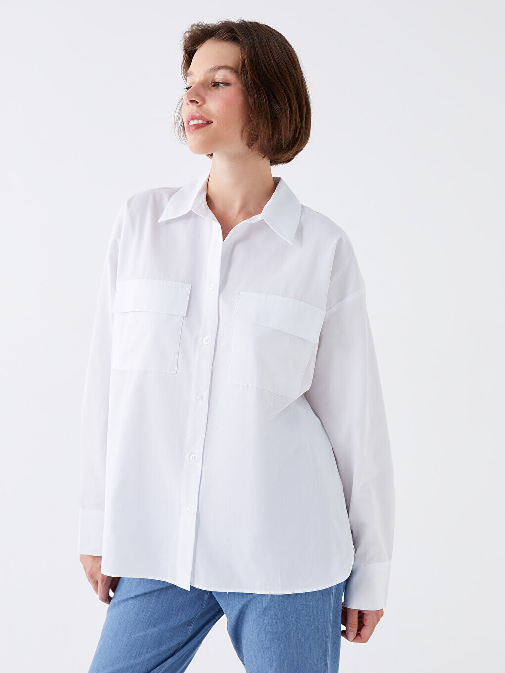 

Однотонная женская рубашка из поплина с длинным рукавом LCW Casual, экрю