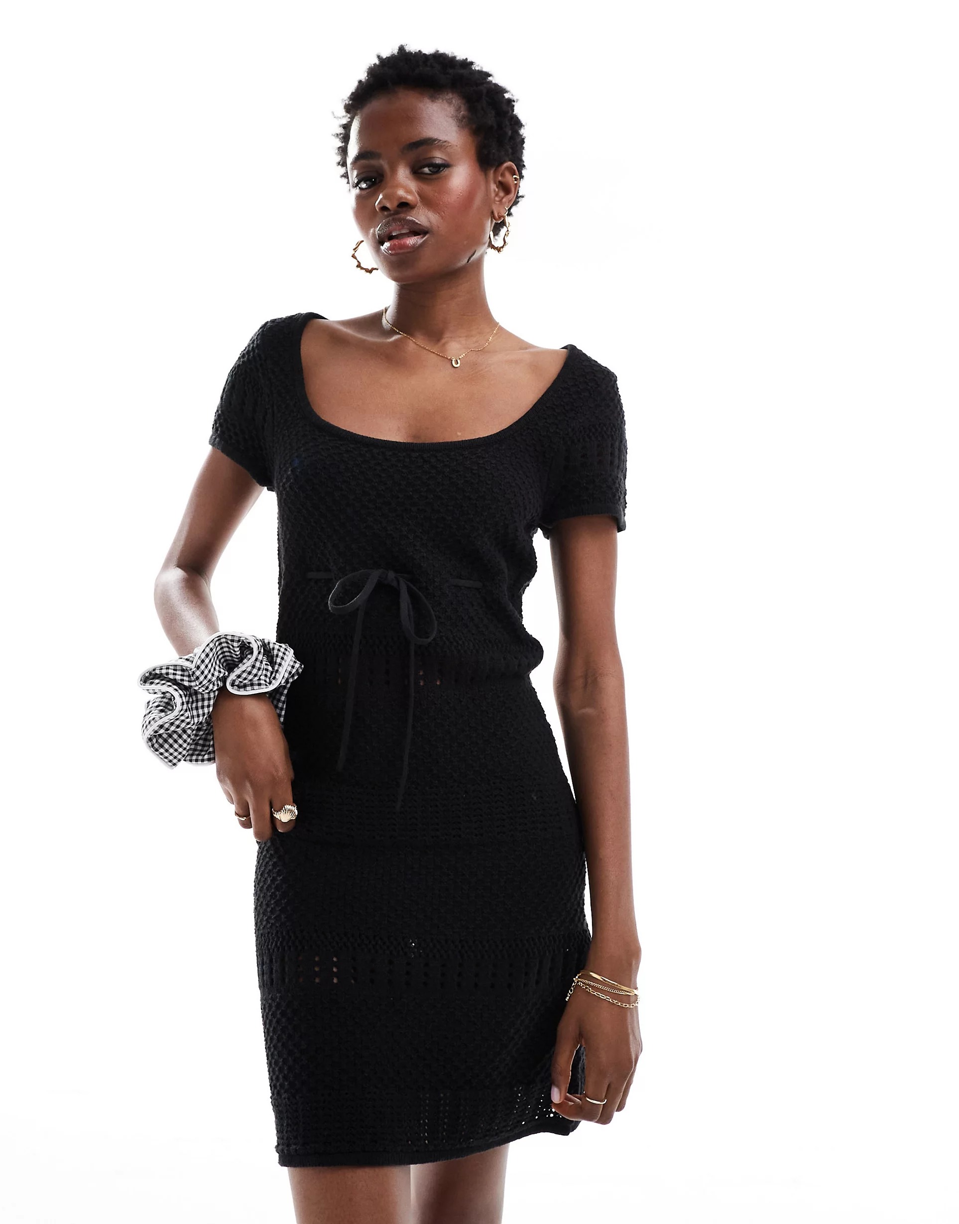 Платье мини Asos Design Knit With Scoop Neck In Mixed Stitch, черный