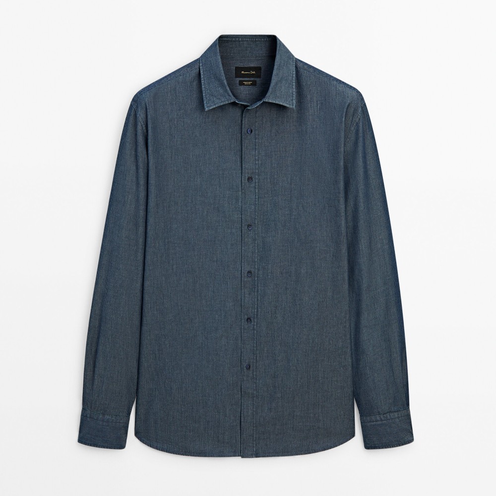 Рубашка Massimo Dutti Slim-fit Pinstriped Denim, темно-синий жилет massimo dutti pinstriped studio темно синий