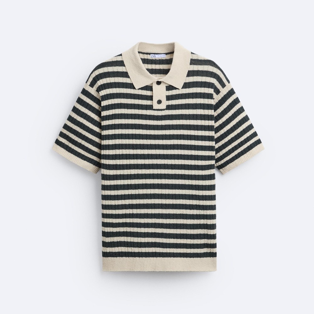 поло zara knit shirt with zip темно синий Футболка поло Zara Striped Knit, темно-синий