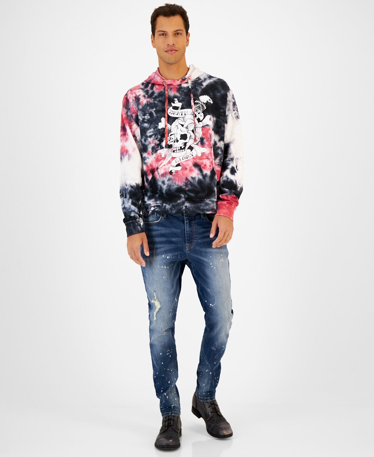 

Мужская худи свободного покроя из флиса с принтом tie dye skull Ed Hardy, мульти