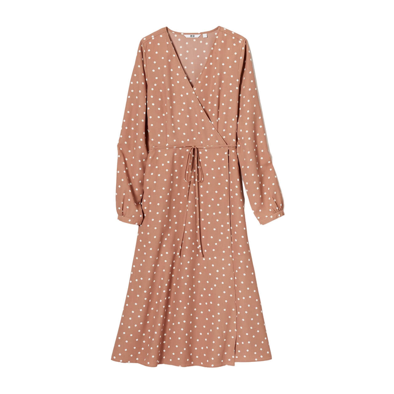 Платье Uniqlo Wrap Dotted Long Sleeved, коричневый