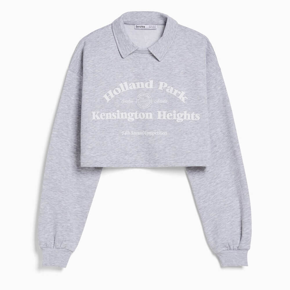

Свитшот Bershka Printed With Polo Collar, серый