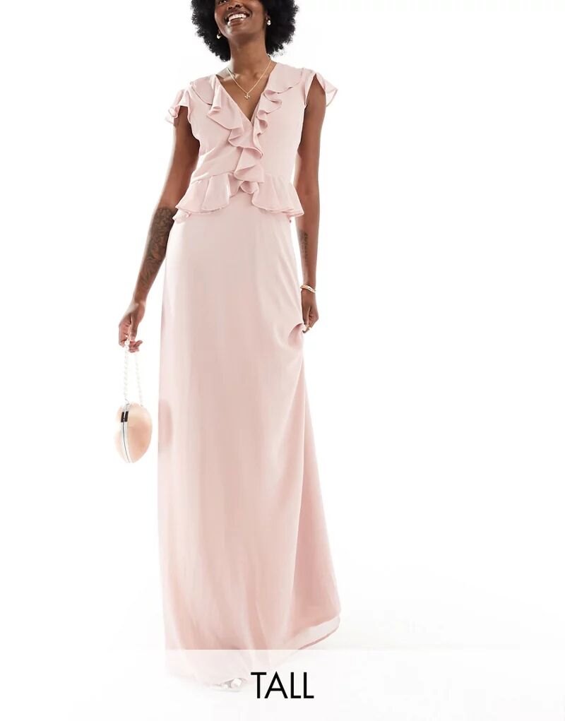 Длинное шифоновое платье для подружки невесты TFNC Bridesmaid лилового цвета с рюшами