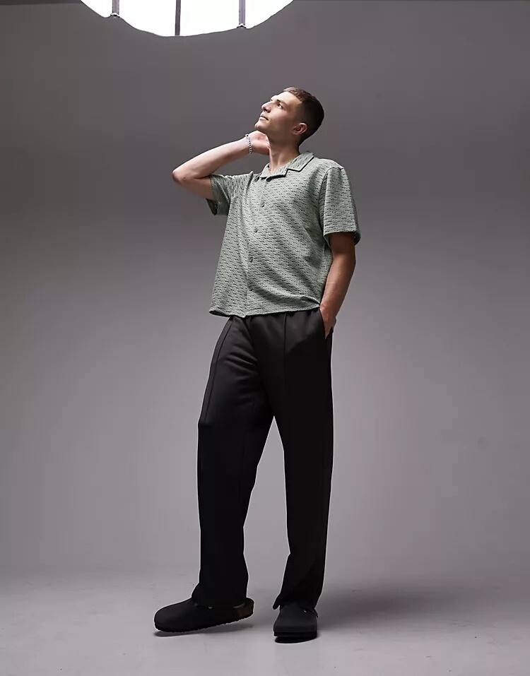 

Рубашка Topman Oversized Geo Crochet Revere Jersey, серо-зеленый