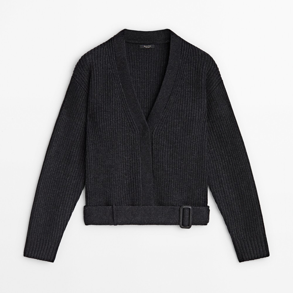 цена Кардиган Massimo Dutti Wool Blend Knit With Belt Detail, темно-серый