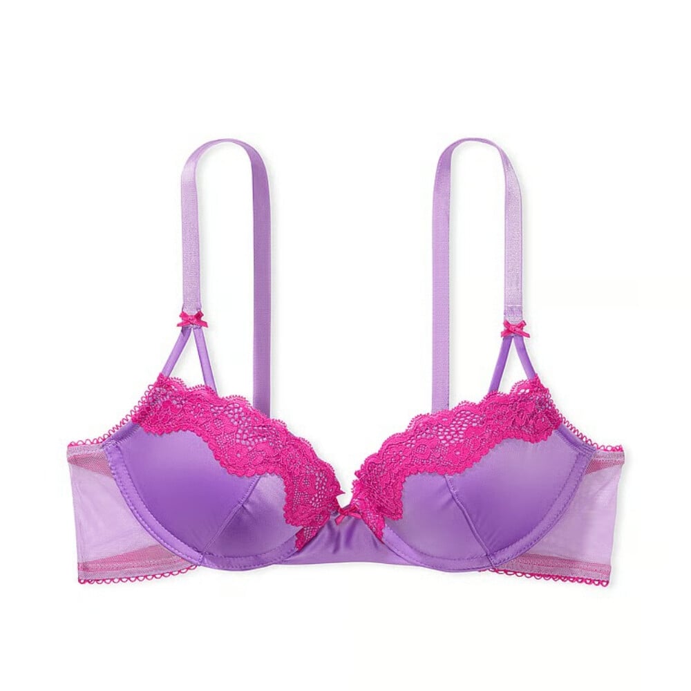 

Бюстгальтер Victoria's Secret Fun & Flirty Lace-Trim Satin Push-Up, фиолетовый/фуксия