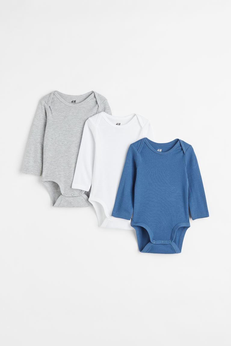 3 комплекта хлопковых боди с длинными рукавами H&M, синий/белый/серый меланж