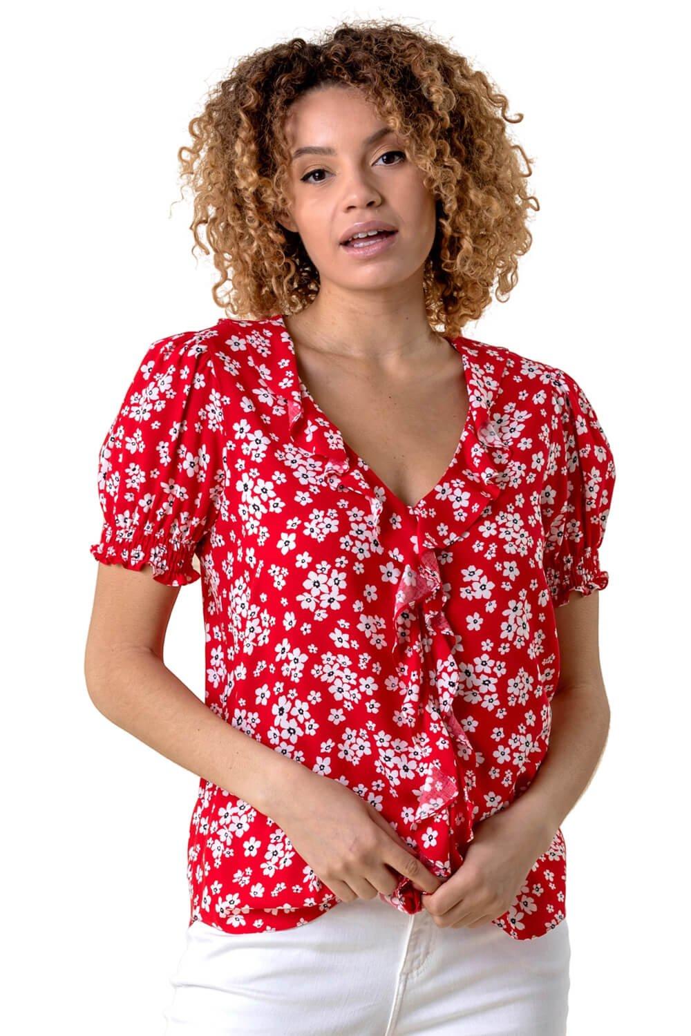 Блузка с оборками и цветочным принтом Roman, красный новинка 2022 стильная женская блузка милый топ с рукавами фонариками оборками и v образным вырезом пуловер на осень и зиму повседневная оде