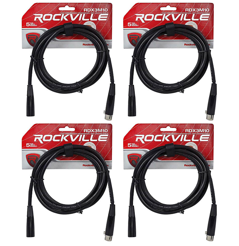 цена (4) Rockville RDX3M10 10-футовые 3-контактные кабели освещения DMX, 100 % OFC, гнездо 2, штекер (4) RDX3M10