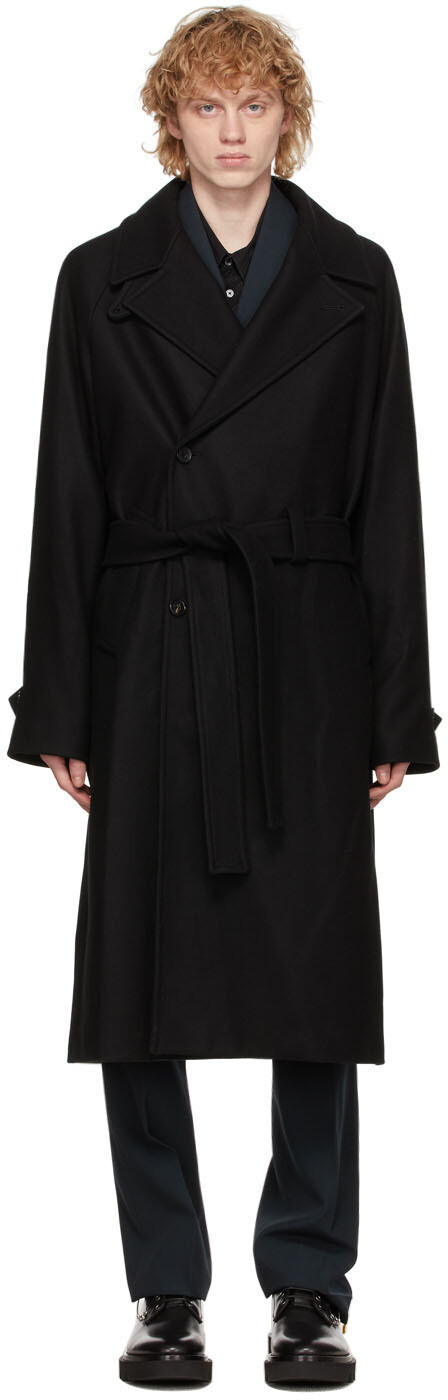 

Черное шерстяное двубортное пальто Rochas Homme