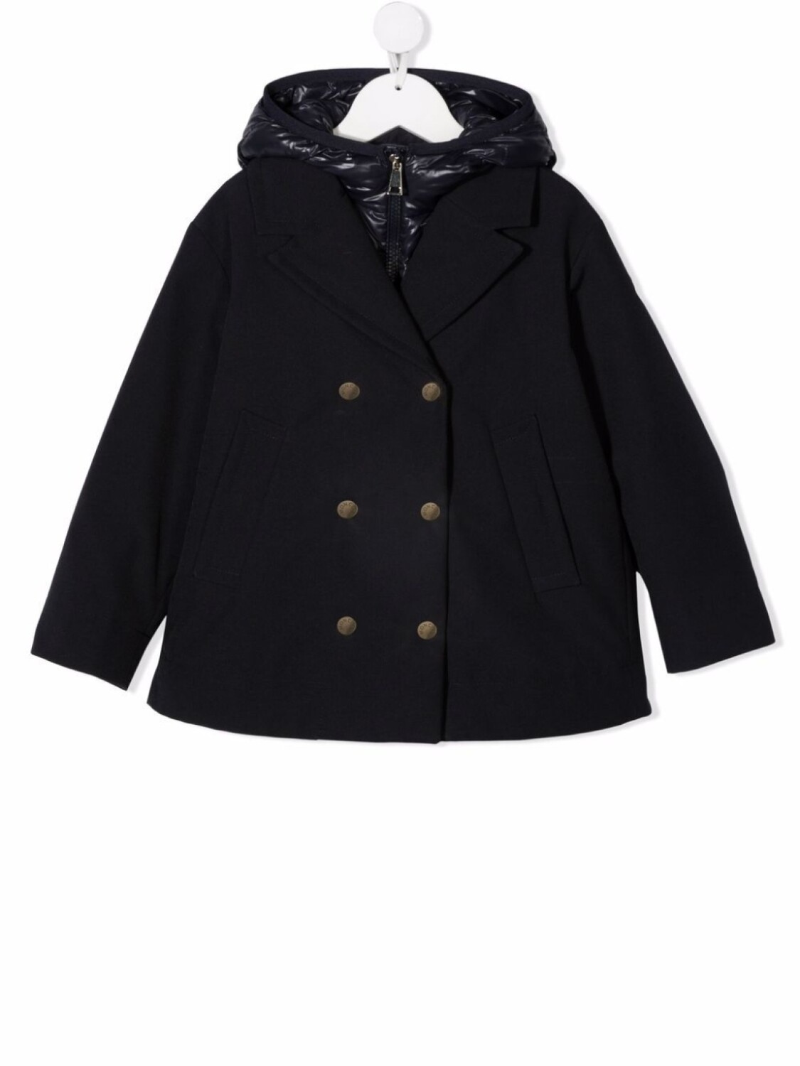 

Moncler Enfant двубортное пальто со стеганым капюшоном, синий
