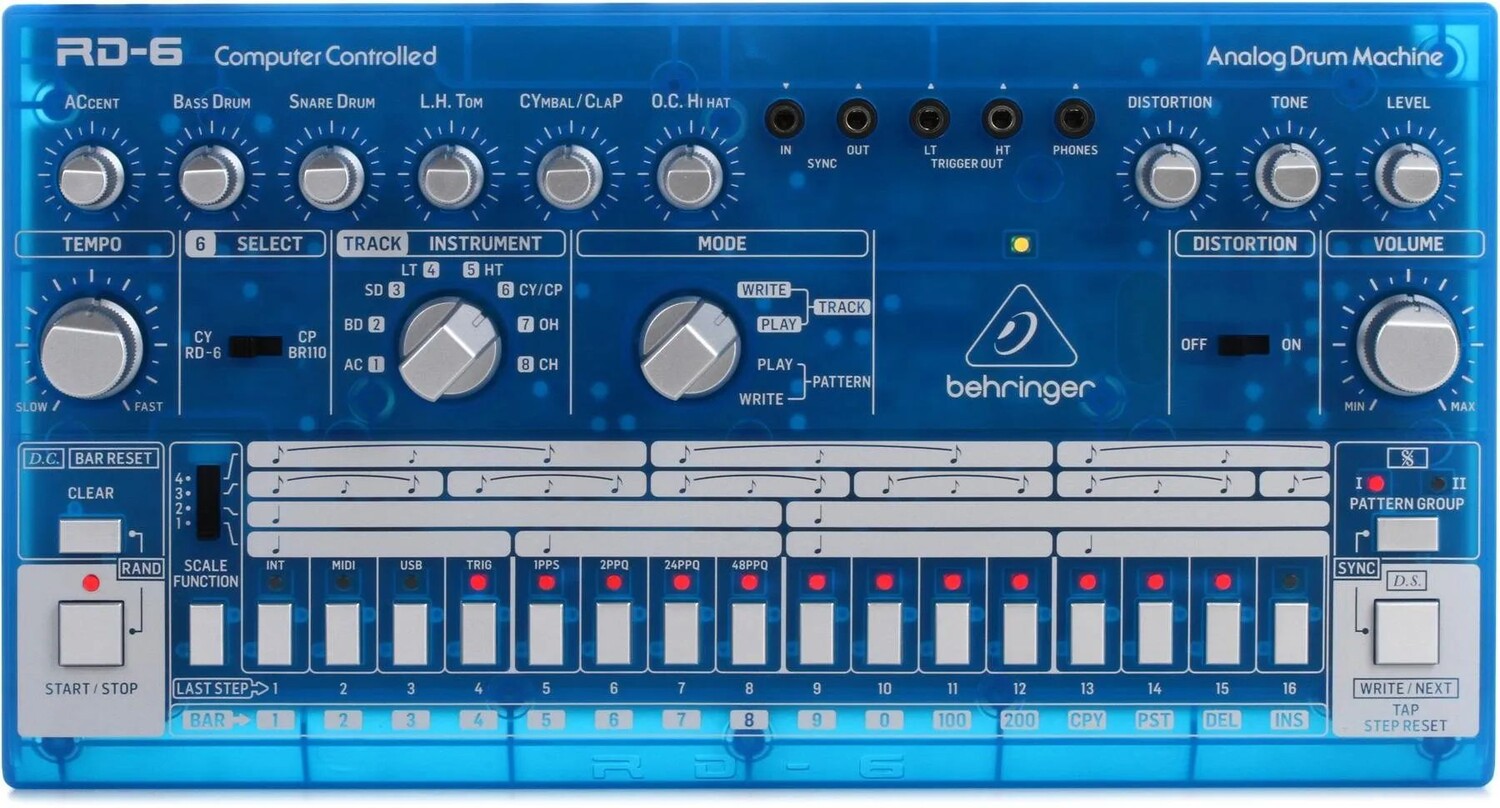 

Аналоговая драм-машина Behringer RD-6-BB — нежно-голубой полупрозрачный